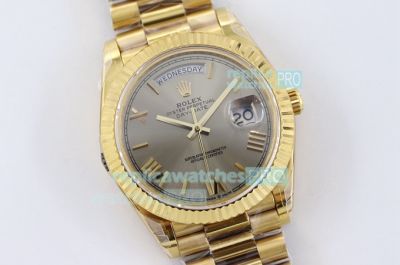 TWS Factory Swiss Replica Rolex Day Date Watch Grey Face Yellow Gold Band Fluted Bezel  40mm